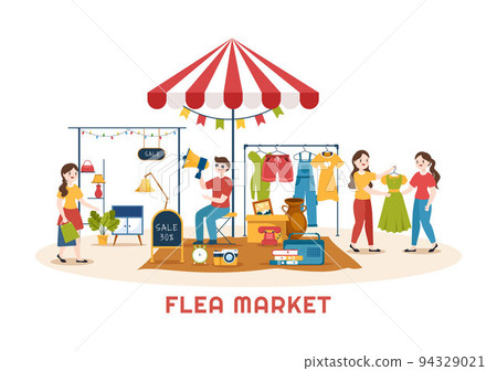 Flea Market Template Hand Drawn Cartoon Flat Illustration Second Hand Shop with Shoppers, Swap Meet, Sellers and Customers at Weekend 94329021