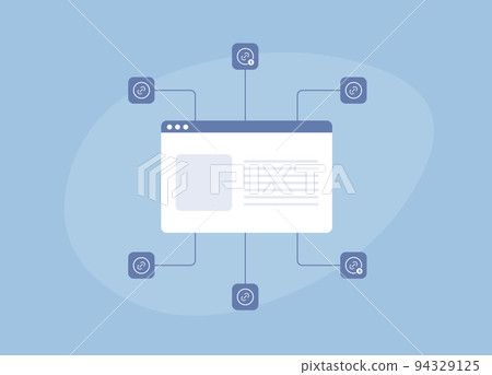 Link Building - Website SEO strategy concept. Organic natural and paid backlinks digital marketing illustration with website page and external outreach seo links icons 94329125