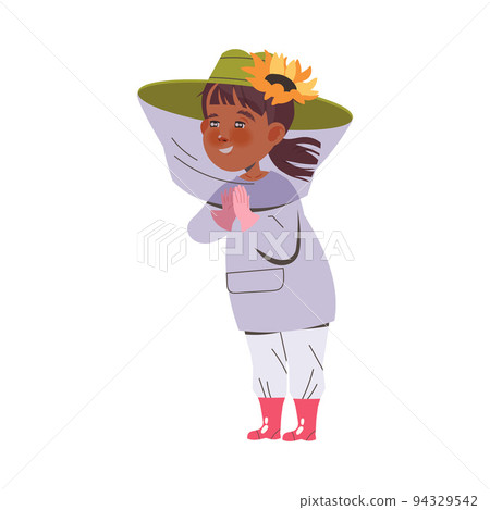 Equipped Little Girl Beekeeper or Apiarist Standing in Protective Hat and Smiling Vector Illustration Equipped Little Girl Beekeeper or Apiarist Standing in Protective Hat and Smiling Vector Illustration 94329542