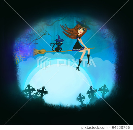 Witch flying on a broom in moonlight - frame, place for your text Witch flying on a broom in moonlight - frame, place for your text 94330766