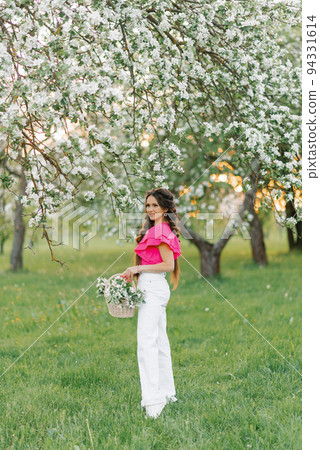 A beautiful young European woman with braids in the spring in the park holds a basket of flowers in a blooming orchard of apple trees A beautiful young European woman with braids in the spring in the park holds a basket of flowers in a blooming orchard of apple trees 94331614