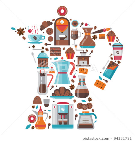 Coffee and Pastry Icons Print Stylized in Moka Pot Coffee and Pastry Icons Print Stylized in Moka Pot 94331751
