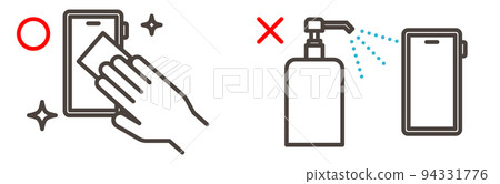 用消毒酒精片或噴霧劑對智能手機進行消毒以保持清潔[矢量圖素材] 94331776