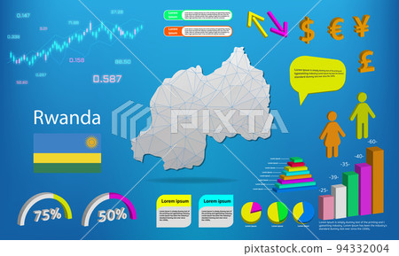 Rwanda map info graphics - charts, symbols, elements and icons collection. Detailed Rwanda map with High quality business infographic elements. 94332004