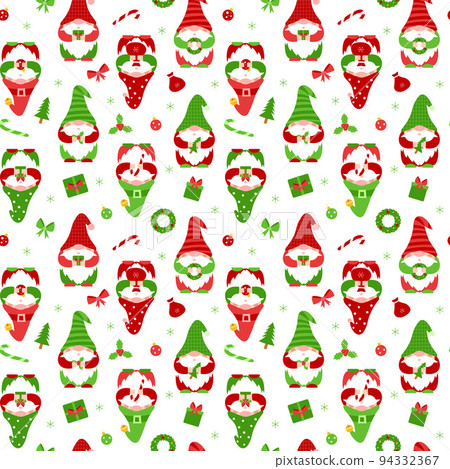 Seamless pattern with cute little gnomes. Christmas elf cartoon characters holding gift, candy cane, wreath. Flat vector elements for fabric, wallpaper, wrapping paper. Christmas gnomes on white 94332367