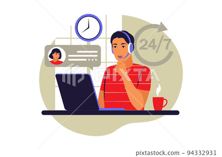 Contact us. Man with headphones and microphone with computer. Concept support, assistance, call center. Vector illustration. Flat style. Contact us. Man with headphones and microphone with computer. Concept support, assistance, call center. Vector illustration. Flat style. 94332931