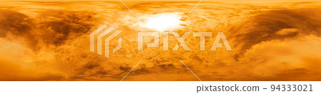 Golden burning overcast sunset sky panorama. Hdr seamless spherical equirectangular 360 panorama. Sky dome or zenith for 3D visualization and sky replacement for aerial drone 360 panoramas. Golden burning overcast sunset sky panorama. Hdr seamless spherical equirectangular 360 panorama. Sky dome or zenith for 3D visualization and sky replacement for aerial drone 360 panoramas. 94333021