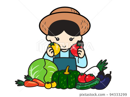 Farmer woman surrounded by harvested vegetables 94333299