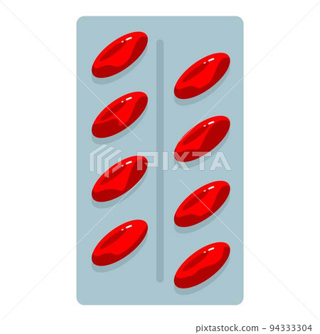 Red capsule blister icon cartoon vector. Pill pack. Drug medicine Red capsule blister icon cartoon vector. Pill pack. Drug medicine 94333304