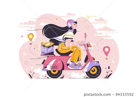 Fast and free delivery by scooter, girl riding be scooter 94333592