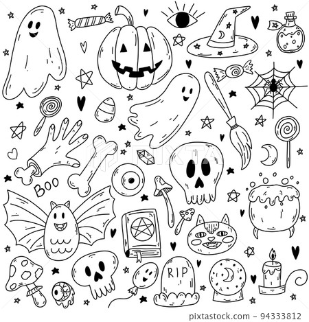 Hand drawn doodle vector cartoon set of Halloween objects and symbols. Sketch of ghost, pumpkin, bone, poison, skull, spell book, cat, candle, bat, grave Hand drawn doodle vector cartoon set of Halloween objects and symbols. Sketch of ghost, pumpkin, bone, poison, skull, spell book, cat, candle, bat, grave 94333812