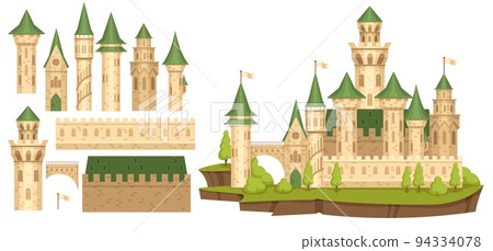 Medieval castle constructor. Old bastion, cartoon ancient tower creator and palace walls elements vector set 94334078
