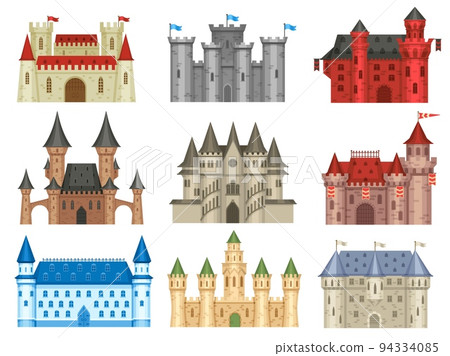 Medieval castles. Gothic palace, ancient king house and old kingdom castle tower vector set 94334085