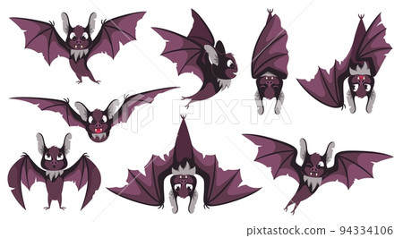 Cartoon bat character. Scary night vampire animal, flying bats in different poses and halloween mascot vector illustration set Cartoon bat character. Scary night vampire animal, flying bats in different poses and halloween mascot vector illustration set 94334106