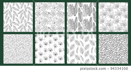 Tropical leaves pattern. Hand drawn floral seamless background, exotic plant branch contour and natural wallpaper vector set Tropical leaves pattern. Hand drawn floral seamless background, exotic plant branch contour and natural wallpaper vector set 94334108
