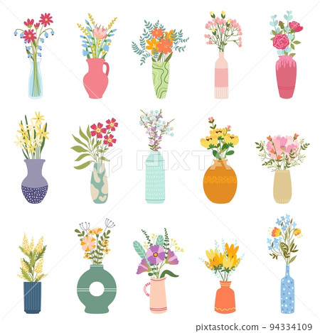 Flowers in vase. Elegant bouquets, bunch of blooming garden plants in decorative vases vector set Flowers in vase. Elegant bouquets, bunch of blooming garden plants in decorative vases vector set 94334109