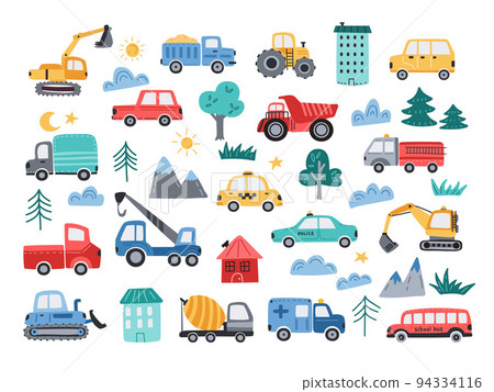 Cute cars. Construction vehicles and city transport. Hand drawn simple tractor, minimal excavator and funny lifting crane cartoon vector illustration set Cute cars. Construction vehicles and city transport. Hand drawn simple tractor, minimal excavator and funny lifting crane cartoon vector illustration set 94334116
