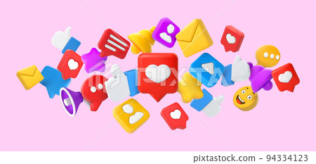 Social media 3d concept. Thumbs up, heart like and smile emoji. Favourites star, comment and notification bell icons vector illustration 94334123