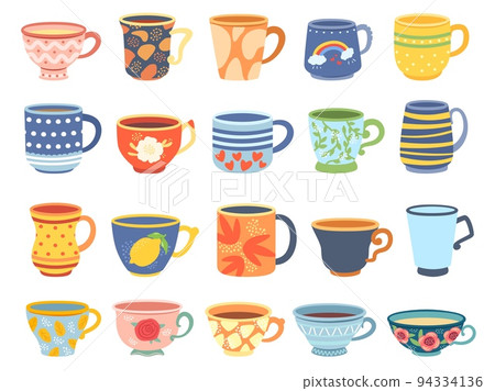 Cartoon cups. Vintage english teacup, coffee cup and kitchen mug. Tea ceremony vector Illustration set Cartoon cups. Vintage english teacup, coffee cup and kitchen mug. Tea ceremony vector Illustration set 94334136