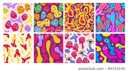 Lava lamp patterns. Retro melting faces, psychedelic bubble liquid, hearts and hippie mushrooms. vintage seamless vector background set 94334140