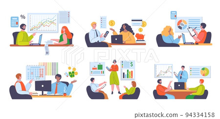 Financial advisor. Analyzing corporate or personal budget, calculate expenses and income vector illustrations set 94334158