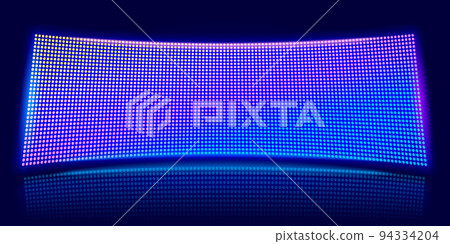 Curved LED screen. Digital stadium scene, glowing video stage and lcd pixel diodes display vector background 94334204