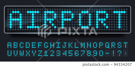 Led screen font. Digital sign board letters and numbers, scoreboard display alphabet and terminal dotted text vector set Led screen font. Digital sign board letters and numbers, scoreboard display alphabet and terminal dotted text vector set 94334207