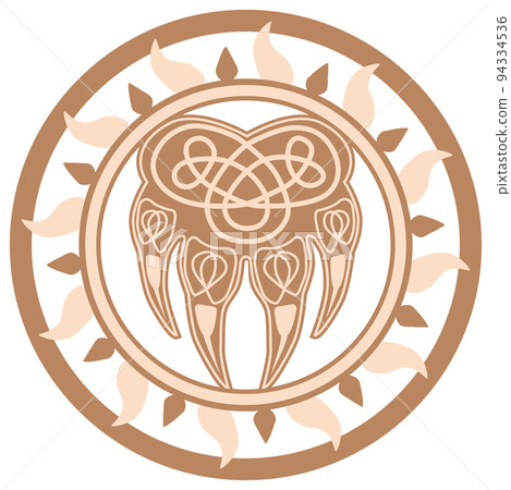 Veles god's paw, wolf's paw, Slavic symbol, decorated with Scandinavian patterns. Beige trendy design 94334536