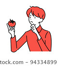 tomato and man A man thinking about tomato nutrients and dietary education. Vector illustration material of a man holding a tomato in his hand. 94334899