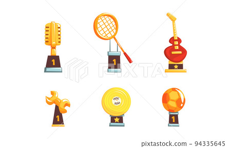 Golden Award Statuette as Music, Sport and Work Trophy and Prize Vector Set 94335645