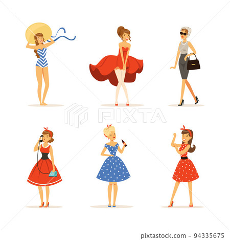 Beautiful Young Woman Dressed in Retro Style Clothes Engaged in Different Activity Vector Set Beautiful Young Woman Dressed in Retro Style Clothes Engaged in Different Activity Vector Set 94335675