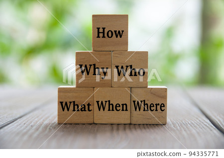 Text on wooden blocks with blurred nature background - How, Why, What, When, Where, Who. Fact finding concept 94335771