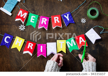 Merry Christmas background and decorations on rustic background. Merry Christmas background and decorations on rustic background. 94335837