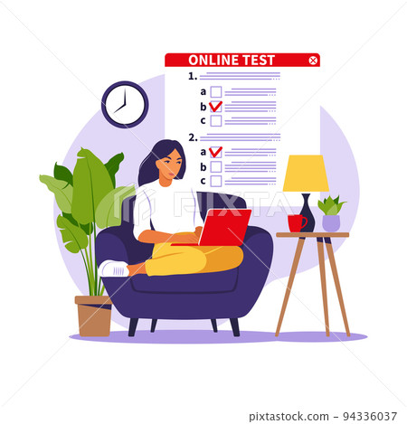 Concept online testing, e-learning, examination on computer. Vector illustration. Flat Concept online testing, e-learning, examination on computer. Vector illustration. Flat 94336037