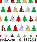 Colorful decorative seamless Christmas trees vector pattern for wrapping or backdrop decor 94336202