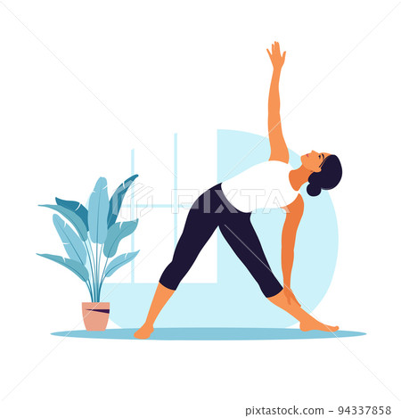 Young woman practices yoga. Physical and spiritual practice. Vector illustration in flat cartoon style. Young woman practices yoga. Physical and spiritual practice. Vector illustration in flat cartoon style. 94337858