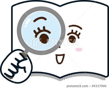 Magnifying glass, book, notebook, dictionary, what to look up, smile, consent, search, survey, woman, facial expression, hand-drawn 94337900