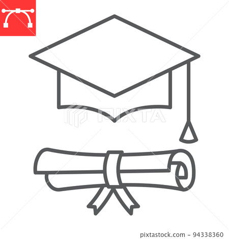 Graduation cap and diploma line icon, school and education, graduation hat vector icon, vector graphics, editable stroke outline sign, eps 10. Graduation cap and diploma line icon, school and education, graduation hat vector icon, vector graphics, editable stroke outline sign, eps 10. 94338360
