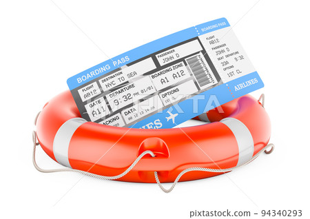 Boarding pass ticket with lifebelt, 3D rendering Boarding pass ticket with lifebelt, 3D rendering 94340293