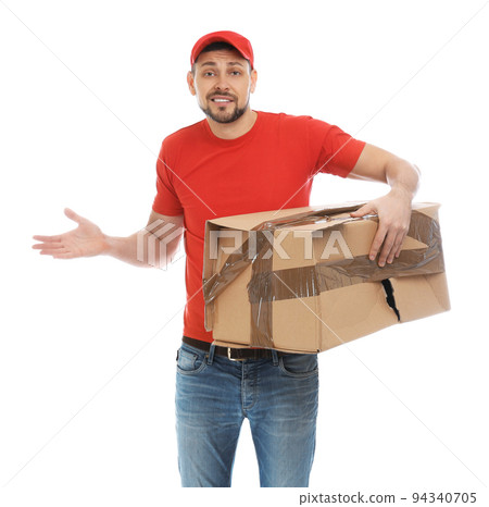 Emotional courier with damaged cardboard box and clipboard on white background 94340705