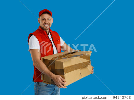Emotional courier with damaged cardboard box and clipboard on white background Emotional courier with damaged cardboard box and clipboard on white background 94340708