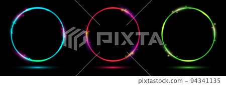 Set of glowing neon color circles round curve shape with lighting effect isolated on black background technology concept Set of glowing neon color circles round curve shape with lighting effect isolated on black background technology concept 94341135