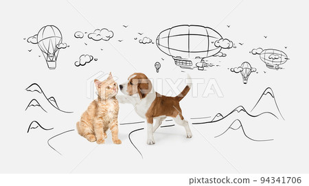 Cute little dog of Beagle and cat over white background with doodles. Friends. 94341706
