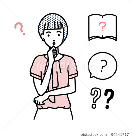 一組辦公室休閒女性問號站著，雙手放在下巴上感到懷疑 94341717