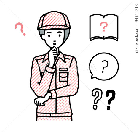 A set of female question marks of a worker who stands and feels doubts with her hands on her chin 94341718