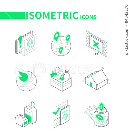 Refugee issues and immigration - modern line isometric icons set Refugee issues and immigration - modern line isometric icons set 94342170