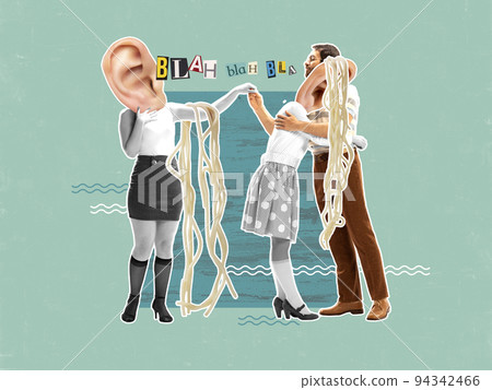 Love triangle, intrigue. Contemporary art collage. Concept of retro vintage fashion, music, mix old and modernity. Surrealism 94342466