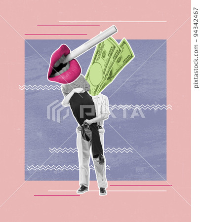 Young couple and family problems. Contemporary art collage. Concept of retro vintage fashion, music, mix old and modernity. Surrealism 94342467