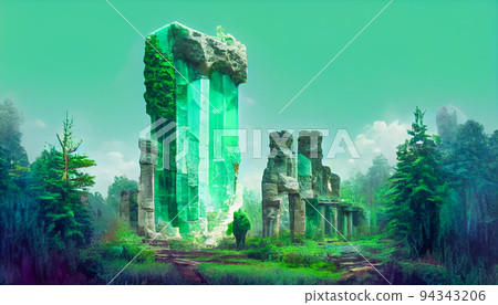 3D render of colossal abstract sureals emerald stone ruins. 94343206