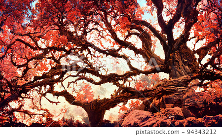 3D render extraordinarily massive oak tree with leaves the color of crimson. 94343212